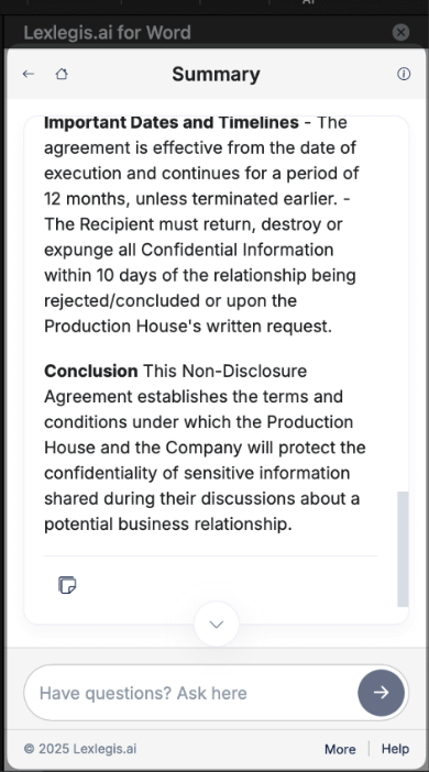 Lexlegis.ai word add-in - AI-powered summaries