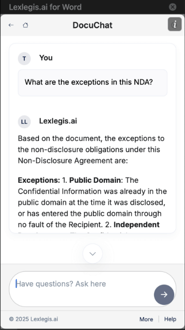 AI-powered document chat with Lexlegis.ai Word add-in