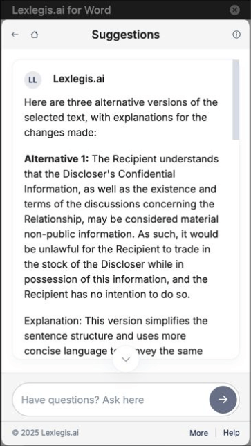 AI-powered drafting help in Microsoft word with Lexlegis.ai